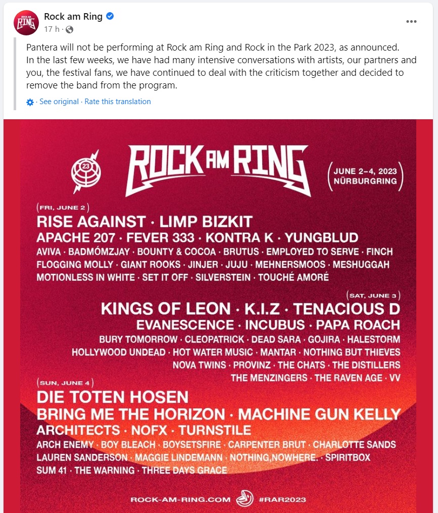 PANTERA Removed From Rock Am Ring & Rock Im Park Festivals